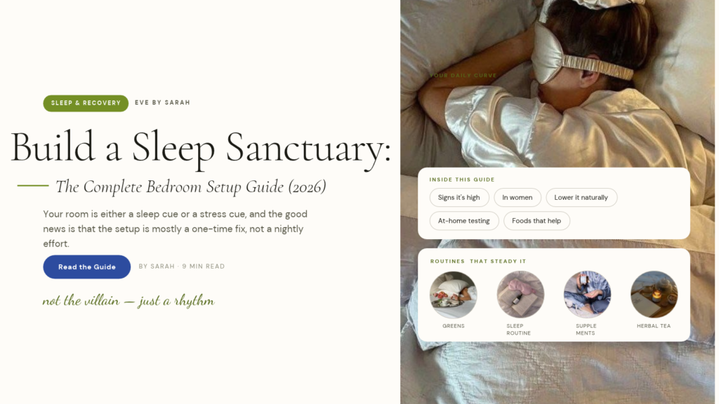 Woman in a silk eye mask sleeping in a calm, neutral-toned bedroom set up as a sleep sanctuary